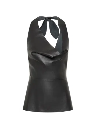St Agni Asymmetric Draped Leather Top In Black