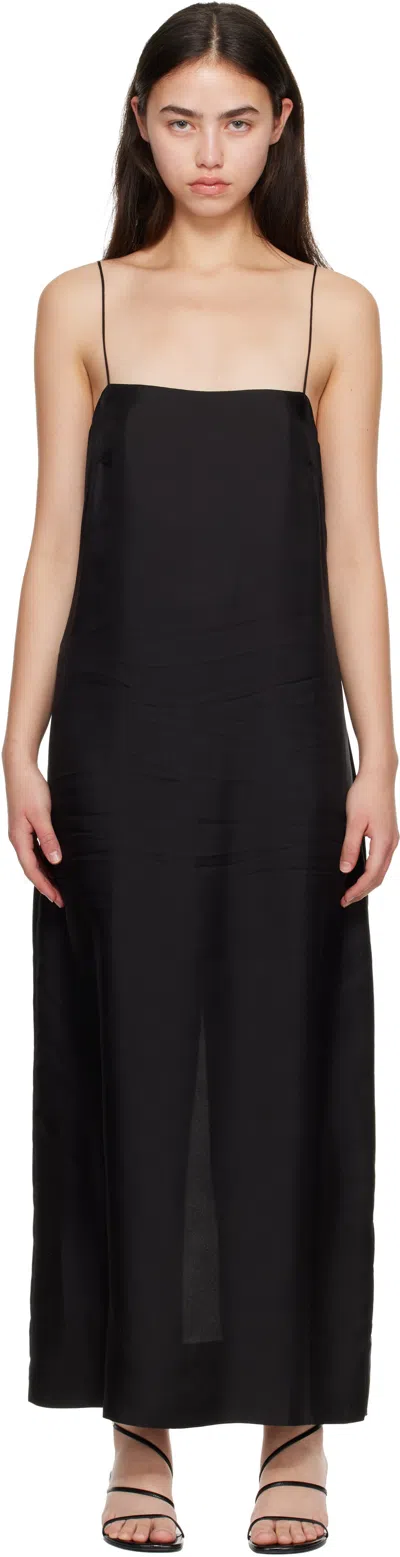 St Agni Black 90s Silk Twill Slip Midi Dress