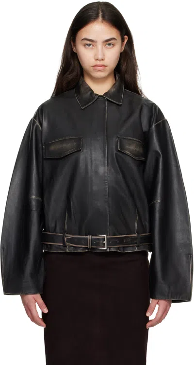 St Agni Belted Brushed-leather Jacket In Black