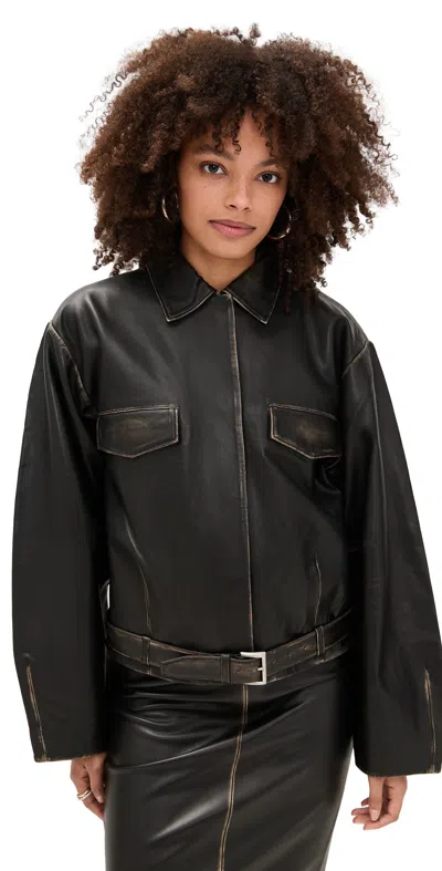 St Agni Belted Brushed-leather Jacket In Black