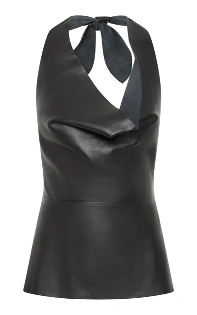 St Agni Draped Leather Halter Top In Black