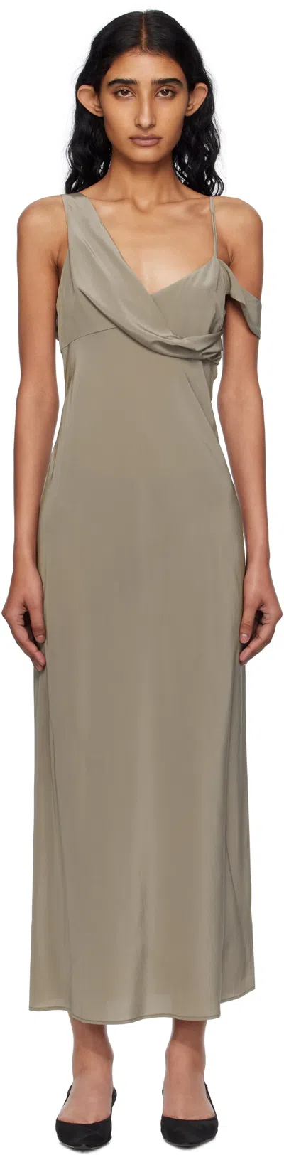St Agni Gray Silk Drape Midi Dress