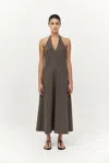 St Agni Plunging Halter Wool-blend Midi Dress In Gray