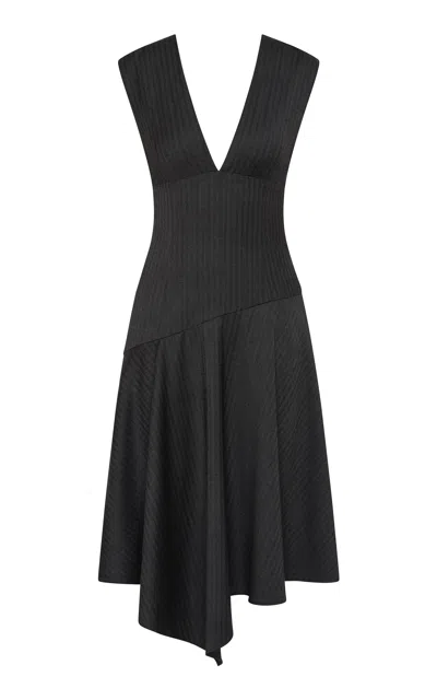 St Agni St. Agni Herringbone Wool-blend Asymmetric Midi Dress In Black