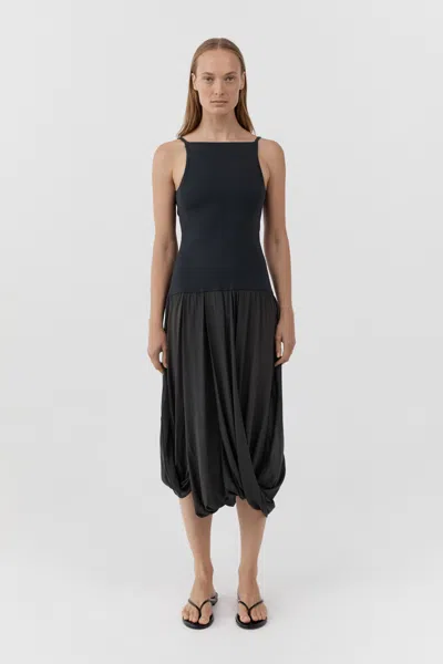 St Agni Knit Bodice Sheer Drape Dress In Black