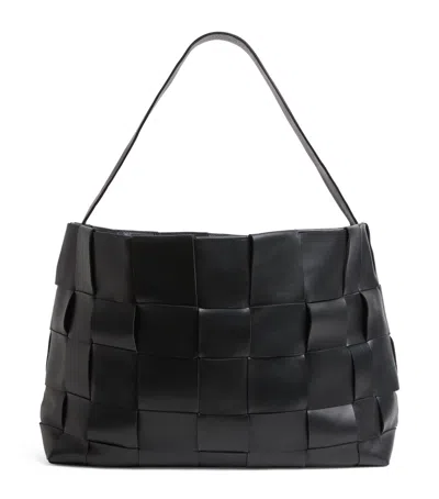 St Agni Large Leather Woven Tote Bag In Black