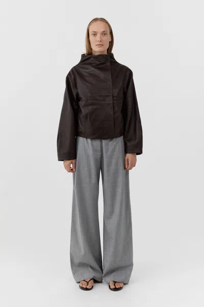 St Agni Leather Cocoon Funnel Neck Jacket In Brown