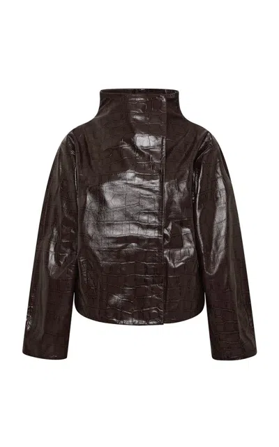 St Agni Leather Cocoon Funnel Neck Jacket In Croc Embossed Coffee