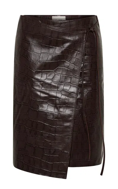 St Agni Leather Everyday Wrap Skirt In Croc Embossed Coffee