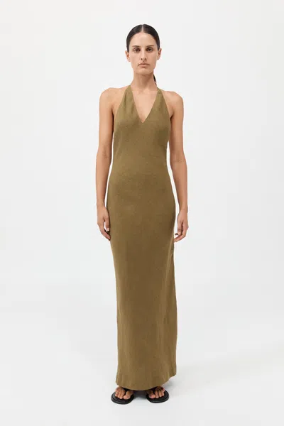 St Agni Linen Bias Halter Dress In Olive