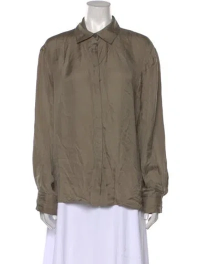 Pre-owned St Agni Linen Long Sleeve Button-up Top In Green