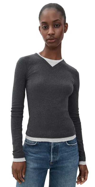 St Agni Organic Cotton V Neck Long Sleeve Top Charcoal Melange In Gray