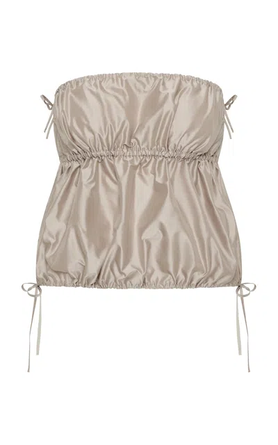 St Agni St. Agni Paper Taffeta Smocked Silk Drawstring Top In Brown