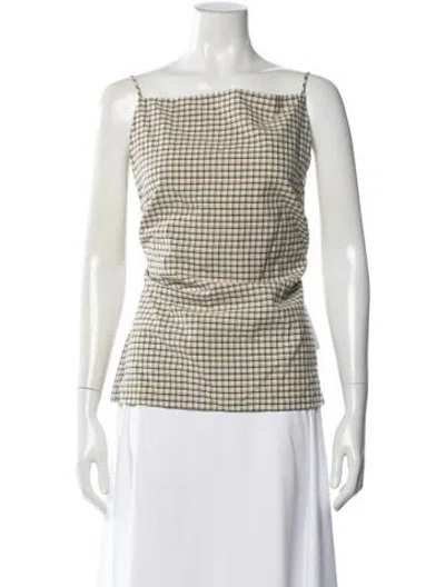 Pre-owned St Agni Plaid Print Square Neckline Top In Neutral