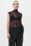 St Agni Sheer Silk Leather Trim Top In Black