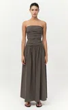 St Agni Strapless Tie-back Cotton-blend Maxi Dress In Khaki