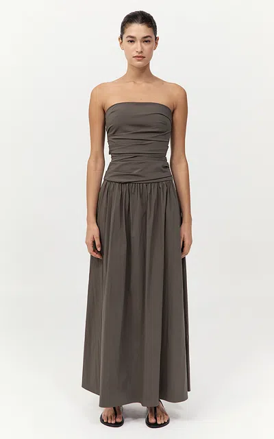 St Agni Strapless Tie-back Cotton-blend Maxi Dress In Khaki
