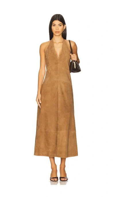 St Agni Suede Halter Plunge Dress In Brown
