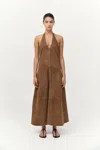 St Agni Suede Halter Plunge Dress In Brown