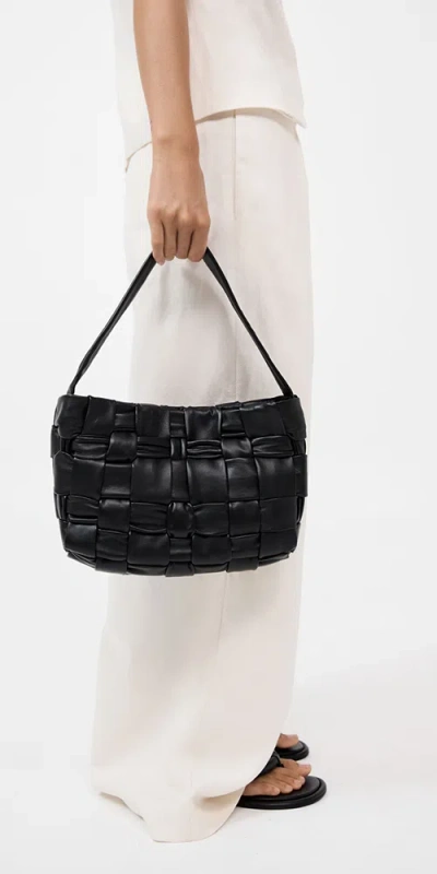 St Agni Textured Mini Woven Tote Black Leather
