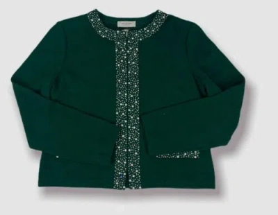 Pre-owned St John $1490  Women's Green Wool Rhinestone Zip-up Cardigan Coat Jacket Size 14