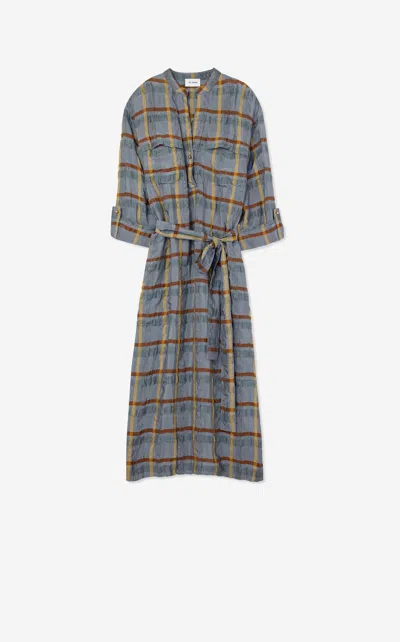 St John St. John Collection Check Belted Seersucker Midi Shirtdress In Tahoe Slate/saddle Multi