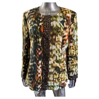 Pre-owned St John St. John Abstract Print Jacket With Brown Crystal Jewel Embellishments Size 12