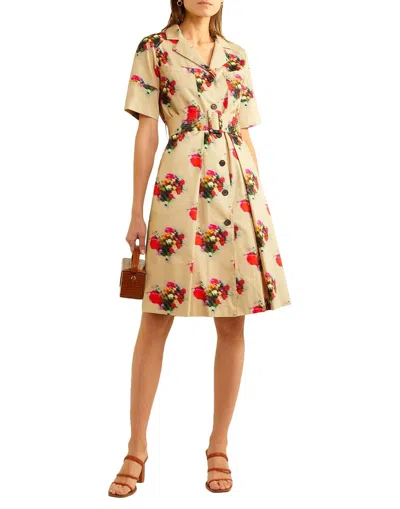 Pre-owned St John Adam Lippes Womens Beige Belted Floral Short Sleeve Collared Dress Sz 46 8 10 12 In Multicolor