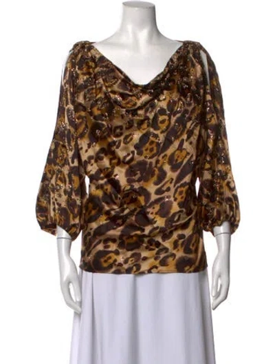Pre-owned St John Animal Print Cowl Neck Blouse In Brown