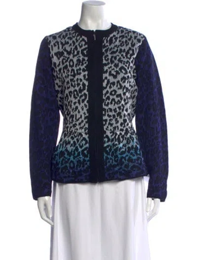 Pre-owned St John Animal Print Open Front Sweater In Blue