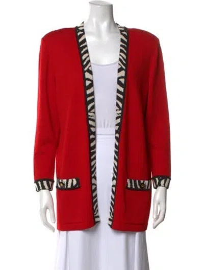 Pre-owned St John Animal Print Open Front Sweater In Red