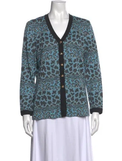 Pre-owned St John Animal Print V-neck Sweater In Blue