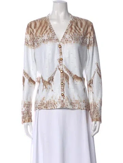 Pre-owned St John Animal Print V-neck Sweater In White
