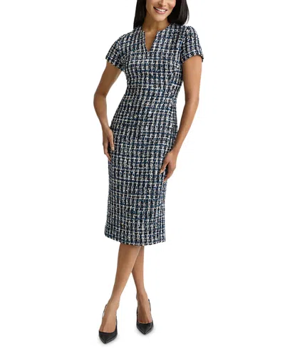 St John Aspen Tweed Notched Neck Dress In Black