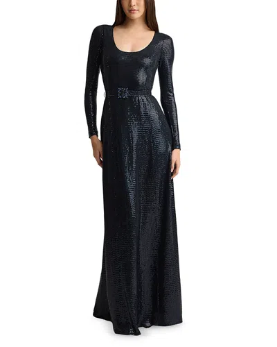 St John Belted Deep Scoop Neck Metallic Gown In Black