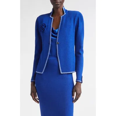 St John St. John Betsey Rosette Embellished Legacy Crepe Knit Jacket In Blue