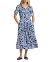 St John St. John Collection Vintage Botanical Cutout Short Sleeve Midi Dress In Sapphire/ivory