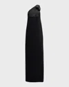 St John Bow One-shoulder Italian Satin-panel Crepe Gown In Black