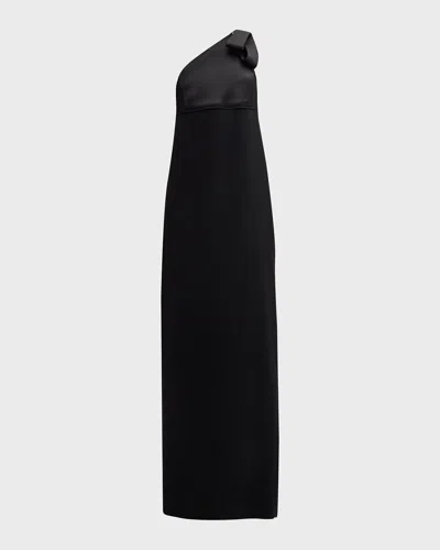 St John Bow One-shoulder Italian Satin-panel Crepe Gown In Black