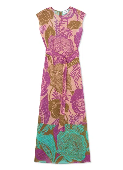 St John Cap Sleeve Poppy Print Dress In Lichen Multi/brt Coral Multi