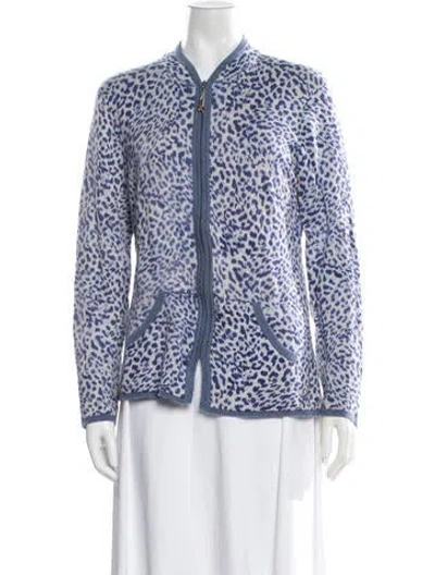 Pre-owned St John Cashmere Animal Print Sweater In Blue/white