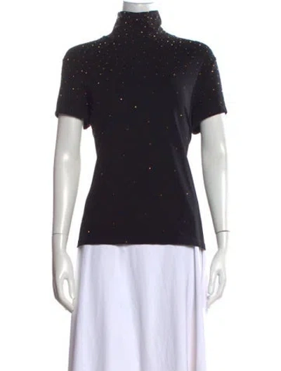 Pre-owned St. John Caviar Mock Neck Short Sleeve Top In Black