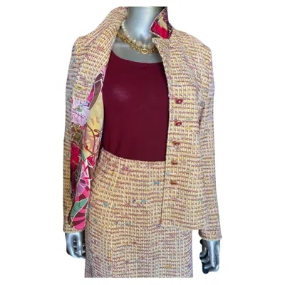 Pre-owned St John Collection 3 Piece Skirt Suit Knit Bouclé With Silk Print Trim Size 2 In Brown