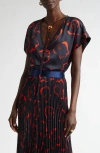 St John St. John Collection '50s Floral Print Bolo Tie Top In Midnight/geranium