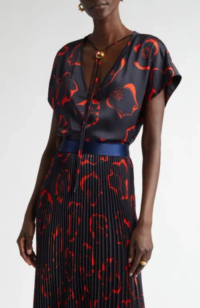 St John St. John Collection '50s Floral Print Bolo Tie Top In Midnight/geranium