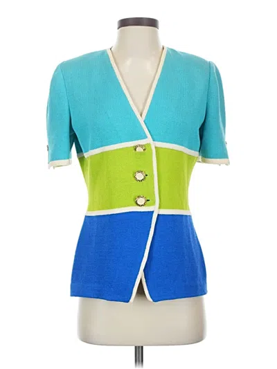 Pre-owned St. John Collection By Marie Gray 3/4 Sleeve Top Blue Color Block Pattern Square Neckline Tops