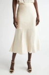 St John St. John Collection Crystal Embellished Stretch Satin Midi Skirt In Putty