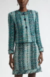 St John St. John Collection Foiled Eyelash Tweed Crop Jacket In Green