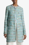 St John St. John Collection Gauzy Multiyarn Metallic Tweed Long Jacket In Seafoam/ Ecru Multi