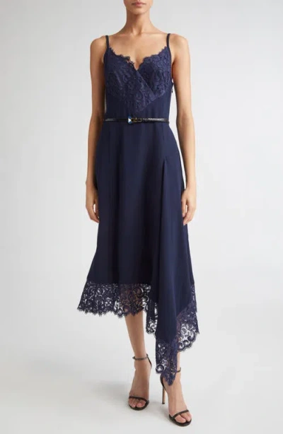 St John St. John Collection Lace Trim Asymmetric Satin Back Crepe Dress In Blue